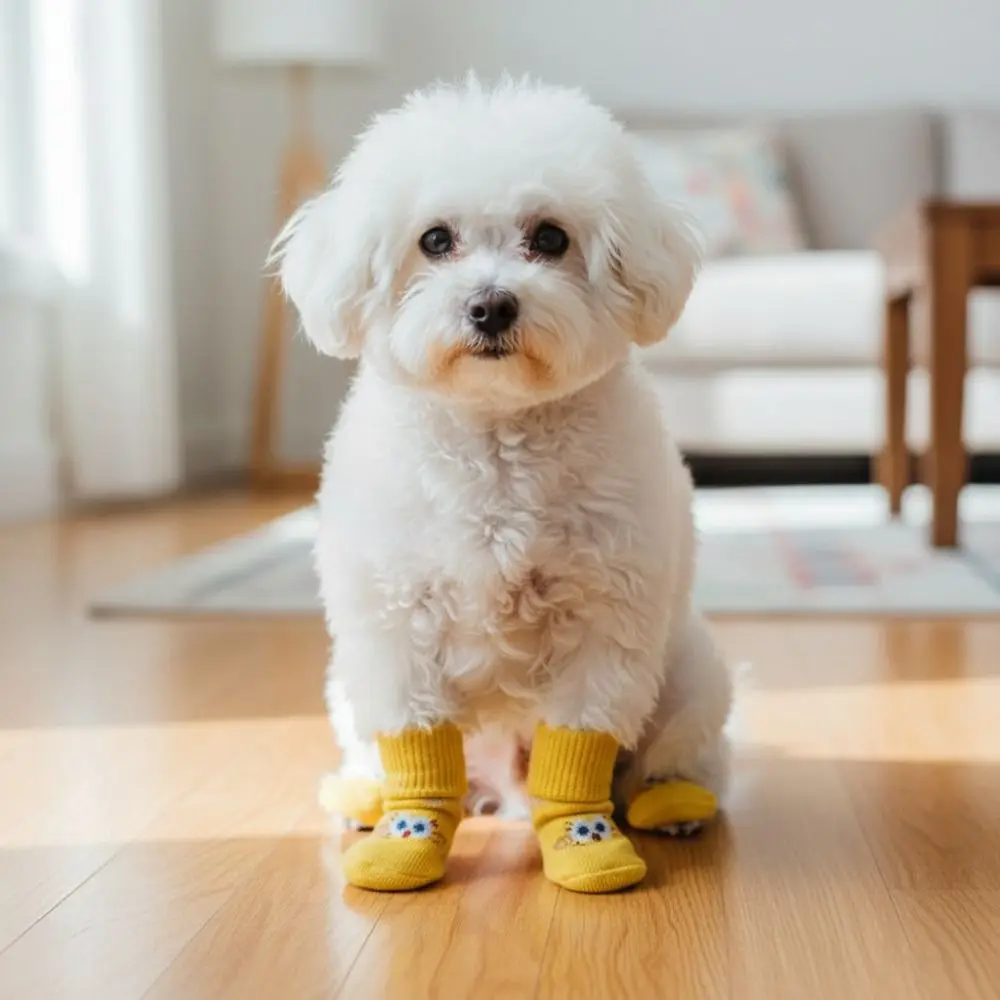 4pcs/set Adorable Cartoon Pattern Pet Anti-slip Socks Elastic Comfortable Pet Foot Cover Soft Dog Paw Protectors Autumn Winter
