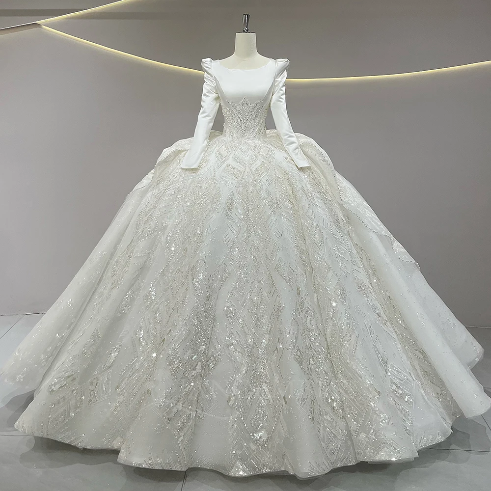 맞춤 제작 2026 신상 웨딩드레스 라운드넥 긴팔 비즈 장식 코르셋 브라이덜 드레스 새틴 웨딩드레스 웨딩드레스 (vestidos de novia boda)