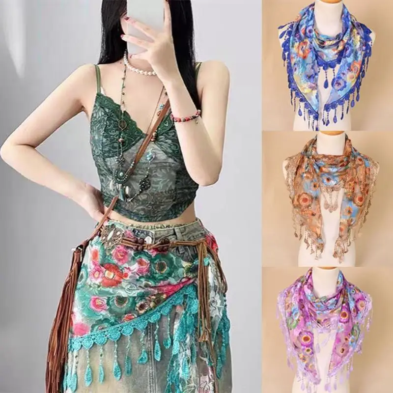 

Embroidered Scarf For Church Shawl Lace Tassel Triangle Scarf Women Flower Shawls Elegant Breathable Wedding Muslim Head Wrap