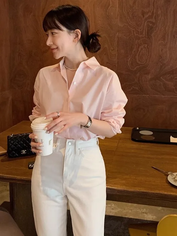 

Pink Long Sleeve Shirt Women's Fashionable Loose Commute Style Anti-Aging Korean Version Spring Autumn Versatile Button up