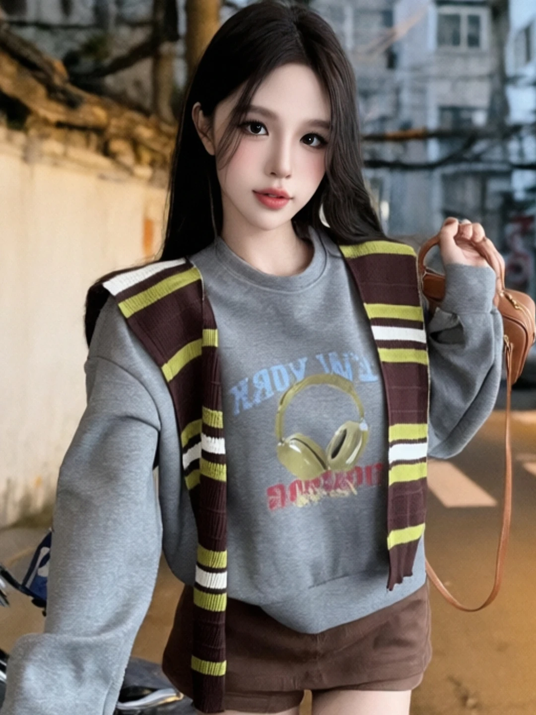 

Loose Fit Korean Style round Neck Printed Sweatshirt Women's Autumn Winter Lazy Color Block Knitted Shawl Long Sleeve Top