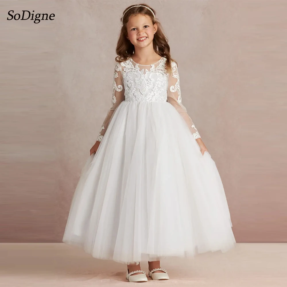 SoDigne A-line Tulle Flower Girl Dress O-neck Full Sleeves Lace Appliques Skirt Girls Party Dresses Customized Kid Gown with Bow