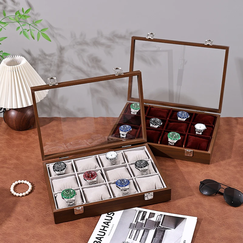 Walnut Wood Watch Storage Box with Soft Cushions, Clear Lid 12 Slots Watch Display Case for Jewelry Shop & Home Collection