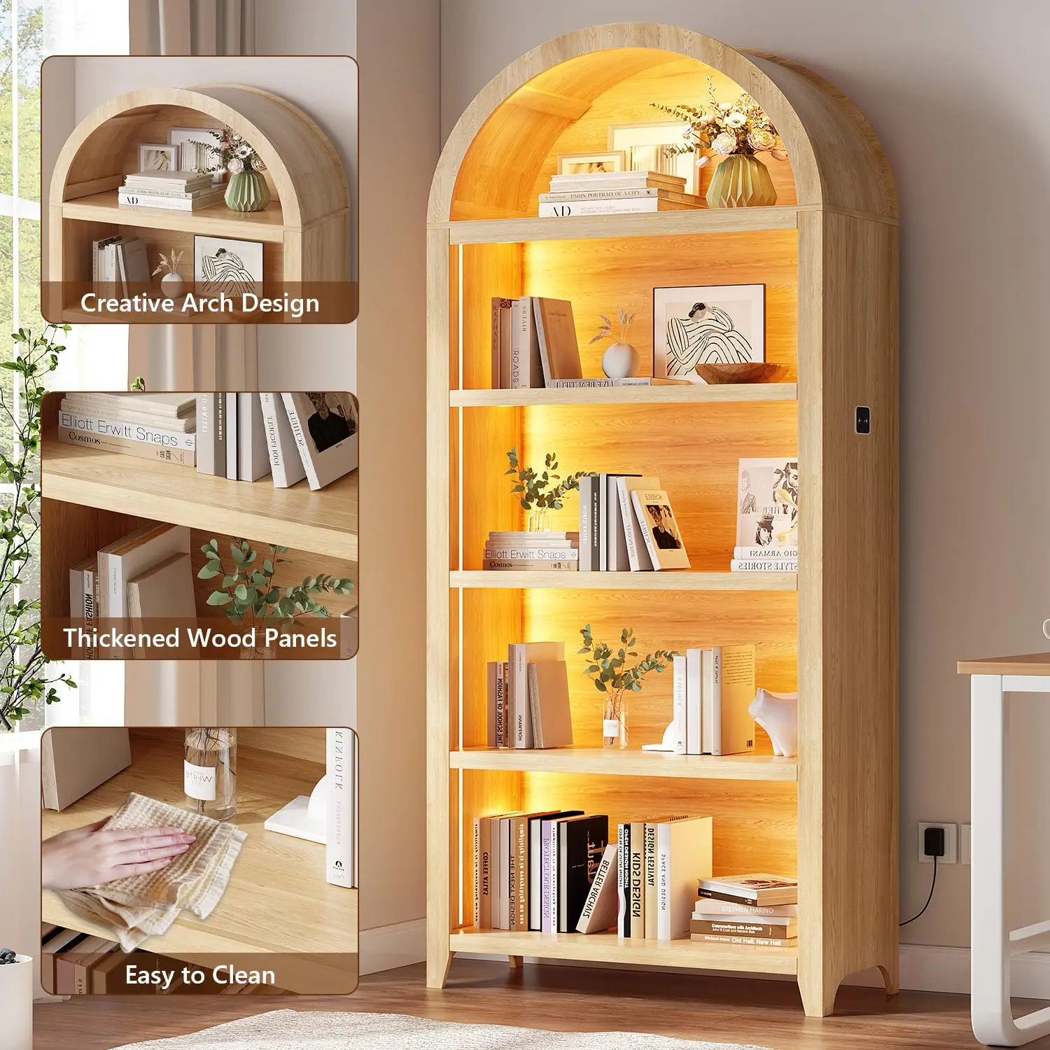 Arched Bookcase with 3-Color Lights & Motion Sensor, Wood, Customized