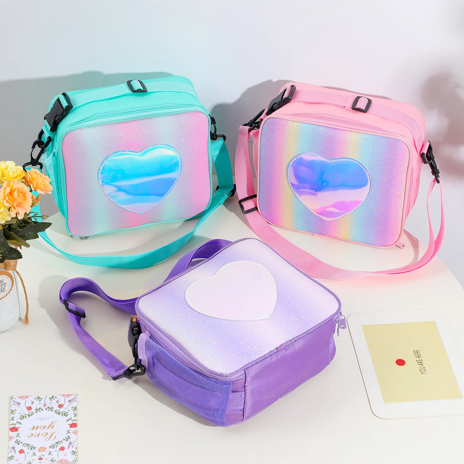 Rainbow Loving Heart Laser Lunch Bag Portable Bento Pouch for Children Thermal Insulated Lunch Box Tote Cooler Bag Shoulder Bag