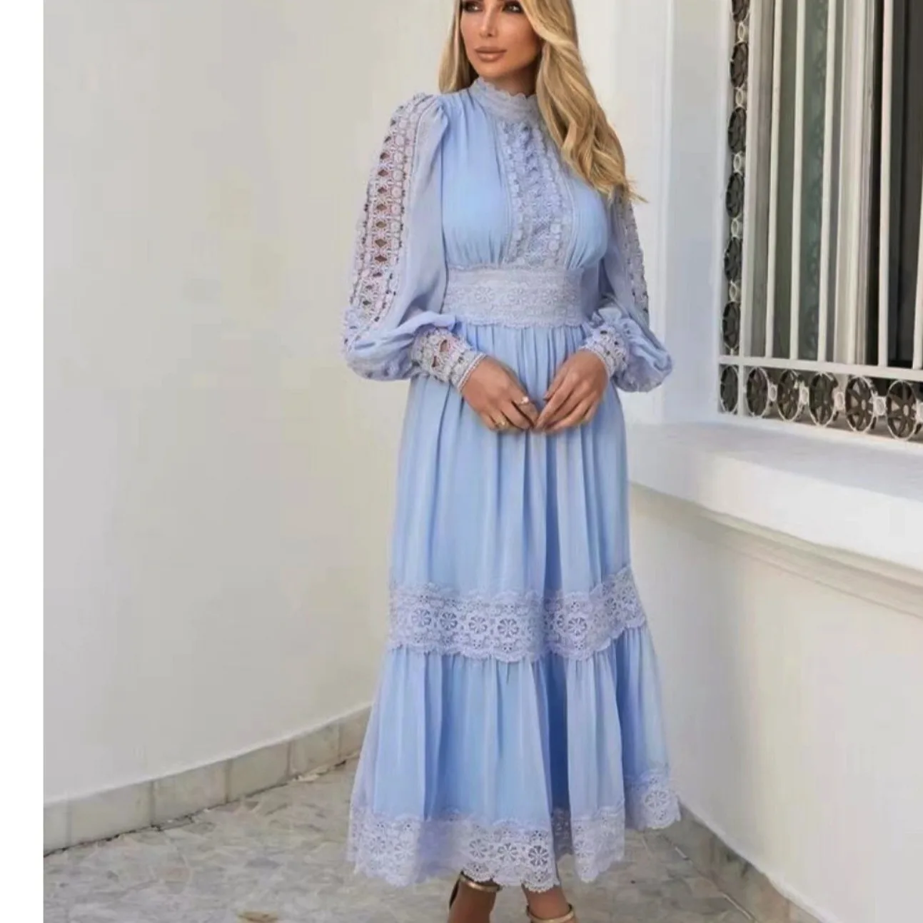 

Австралийская дизайнерская блузка из плотной ткани с кружевной отделкой, вырезами, воротником-стойкой и рукавами-фонариками, длинная, элегантная, женская