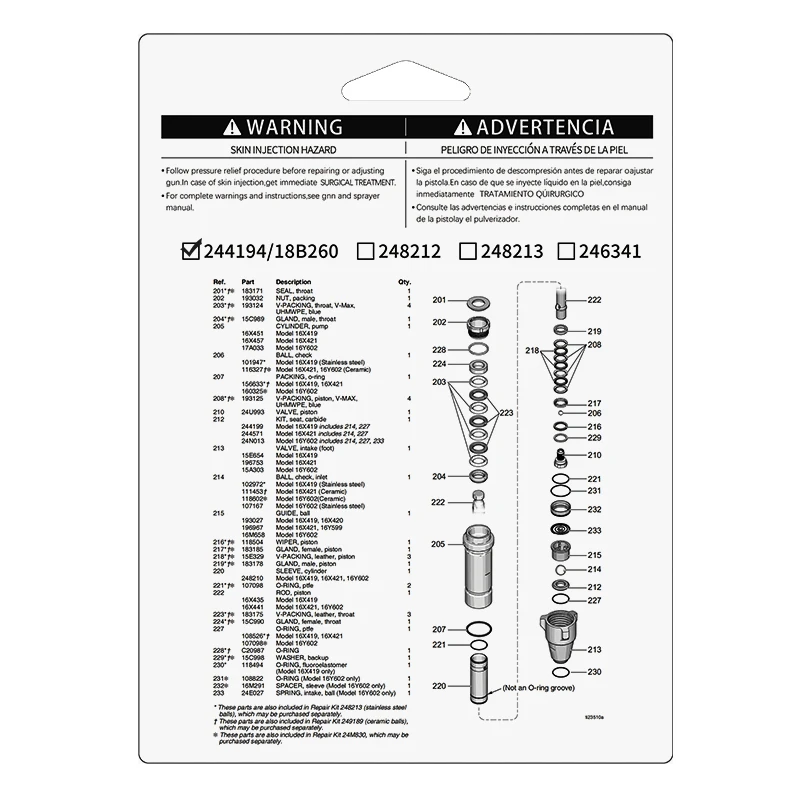 Aftermarket 244194 Pumpen reparatur verpackungs satz für Airless-Farb spray 390 395 490 495 595