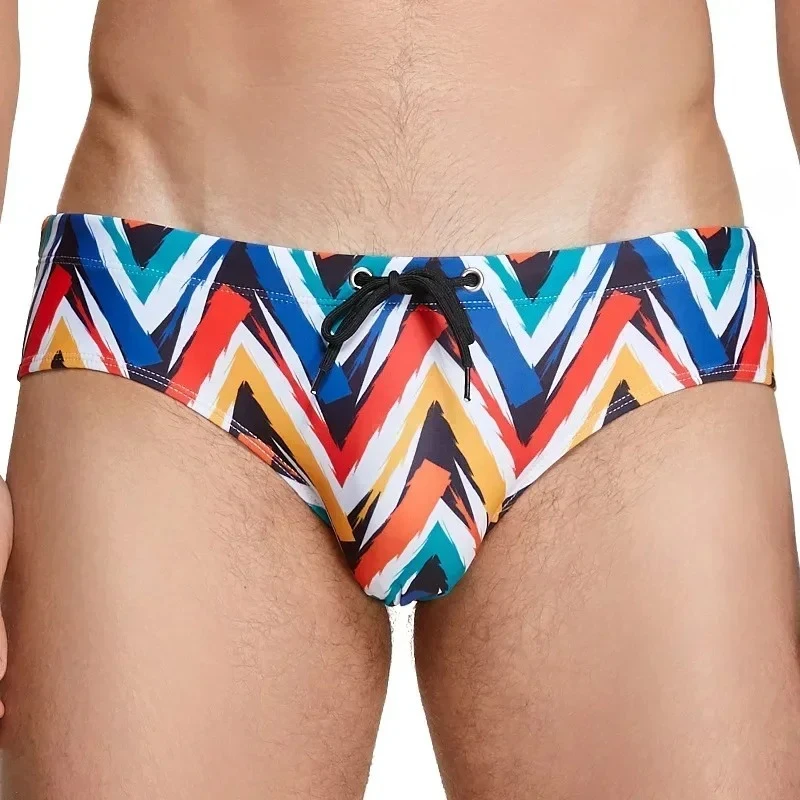 Men's Summer Geometric Print Swim Briefs Quick-Dry Brief Swimming Trunks Elastic Drawstring Bathing Suit for Pool Spa Beach Wear