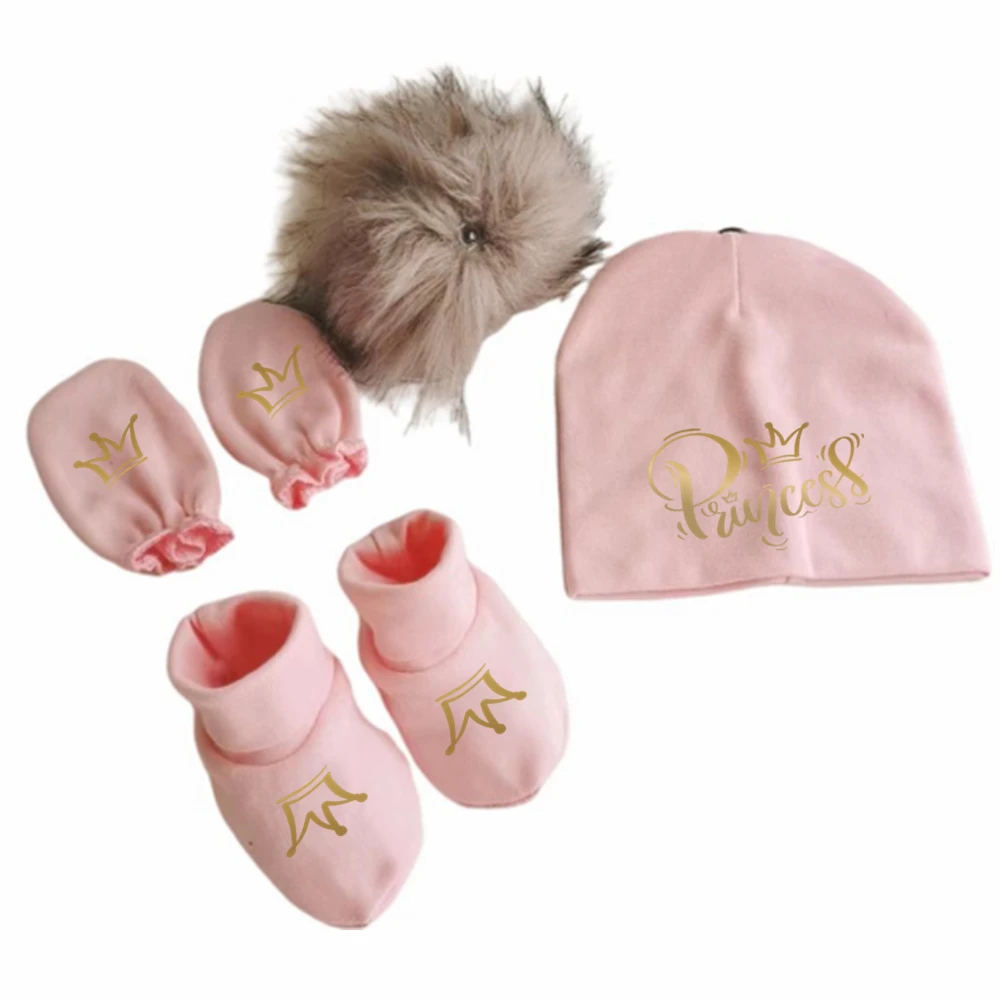 newborn baby hat gloves foot covers set photography props cotton beanie with detachable pompom hat beanie bonnet princess prince