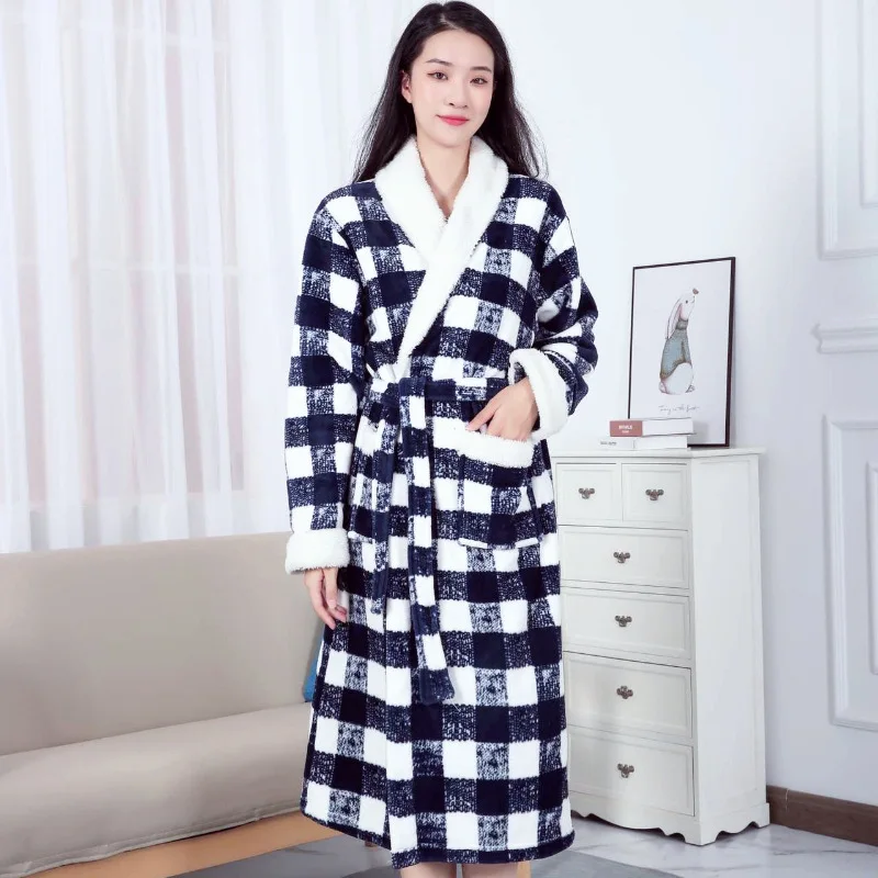 Lattice Printing Long Sleeves Robe Nightgown Flannel Winter Warm Home Dress Kimono V Neck Bathrobe Unisex Loose Home Clothes