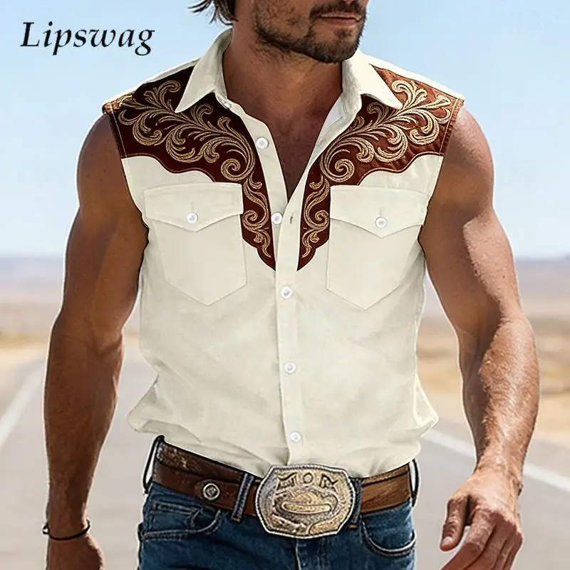 

Vintage Pattern Printing Patchwork Vest Shirt Men Summer Outdoor Casual Button-up Lapel Camisoles Mens Fashion Sleeveless Shirts