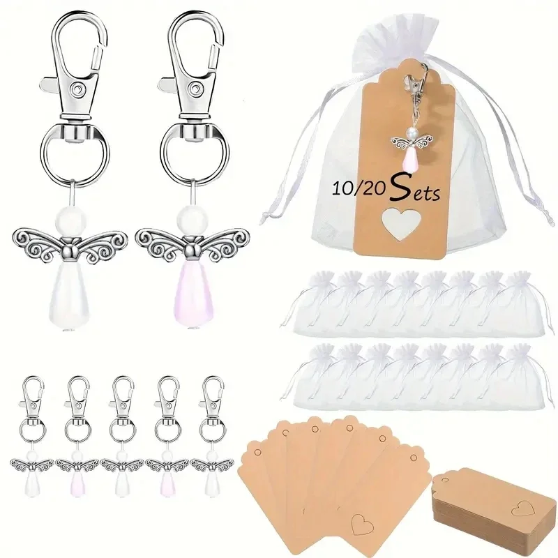 10/20Pcs Angel Keychains Plus Organza Bags Plus Angel Wing Thank You Tags, Favors for Baby Shower,Party Favors Thank You Gifts