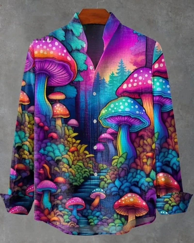 

2025 Linen Button Long Sleeve Shirt Top Retro Purple Color blocked Digital Printing Art Printed Long Sleeve Shirt Casual Fashion