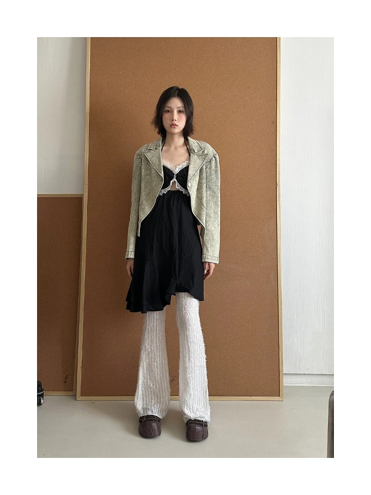 

SUSUAN Retro Waed Denim ort Jaet Spicy Girl Top Women's Faion Spring Cotton Crop Top Length Vintage Sle