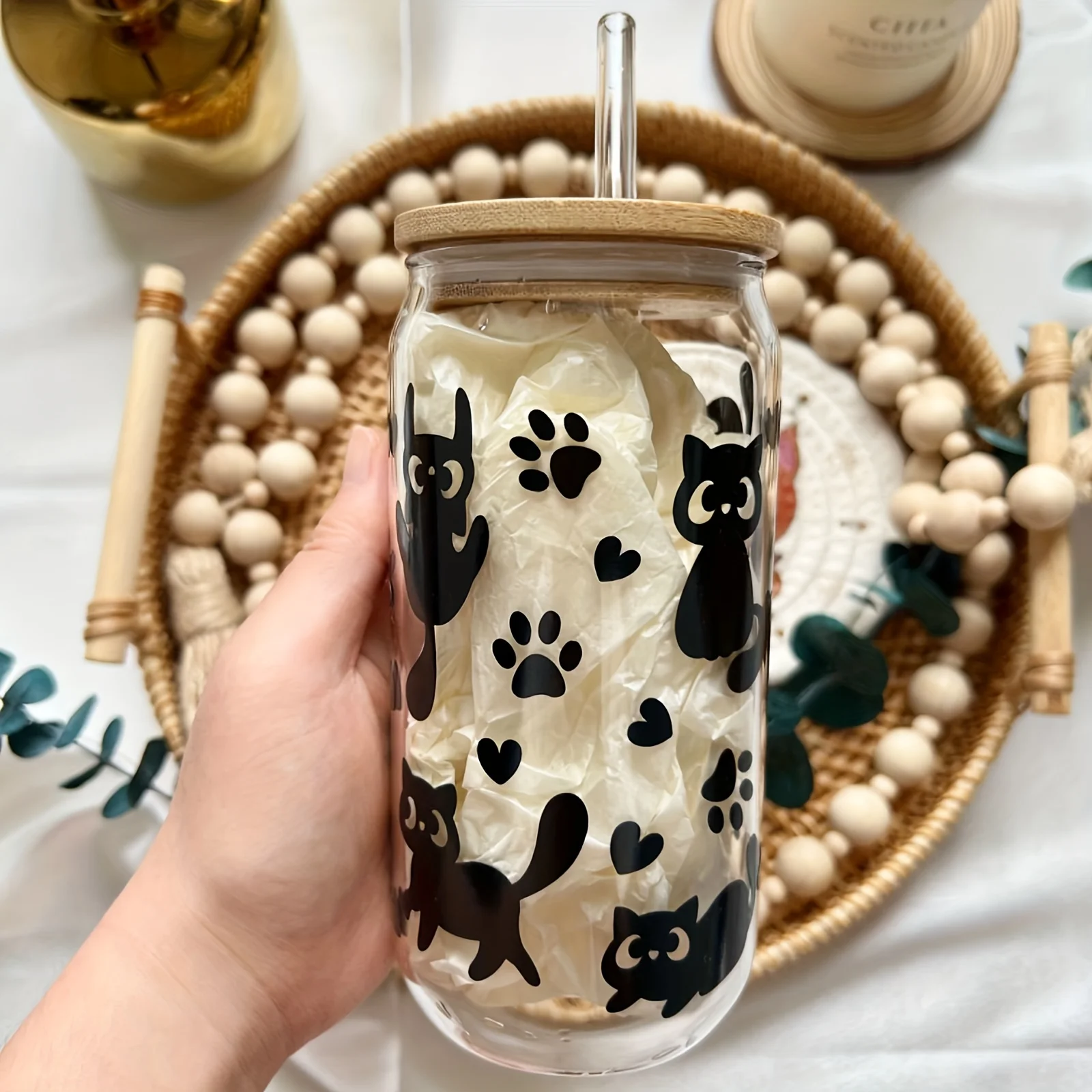 1pc 6oz Clear 3D Printed Sublimation Glass Cup With Bamboo Lid&Glass Straw Drinking Cups With Waterproof Sticker Muti-Pattern view 3