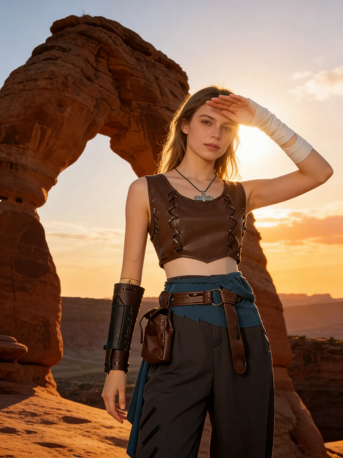 

Female brown leather 9-piece role-playing set with American retro denim style, showcased in anime