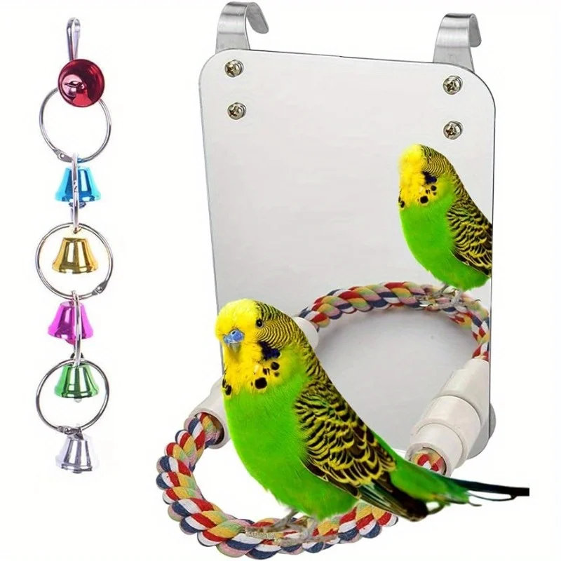 Bird Mirror with Rope Perch Bird Toys Swing, Comfy Perch for Greys Parakeet Cockatiel Conure Lovebirds Finch Canaries