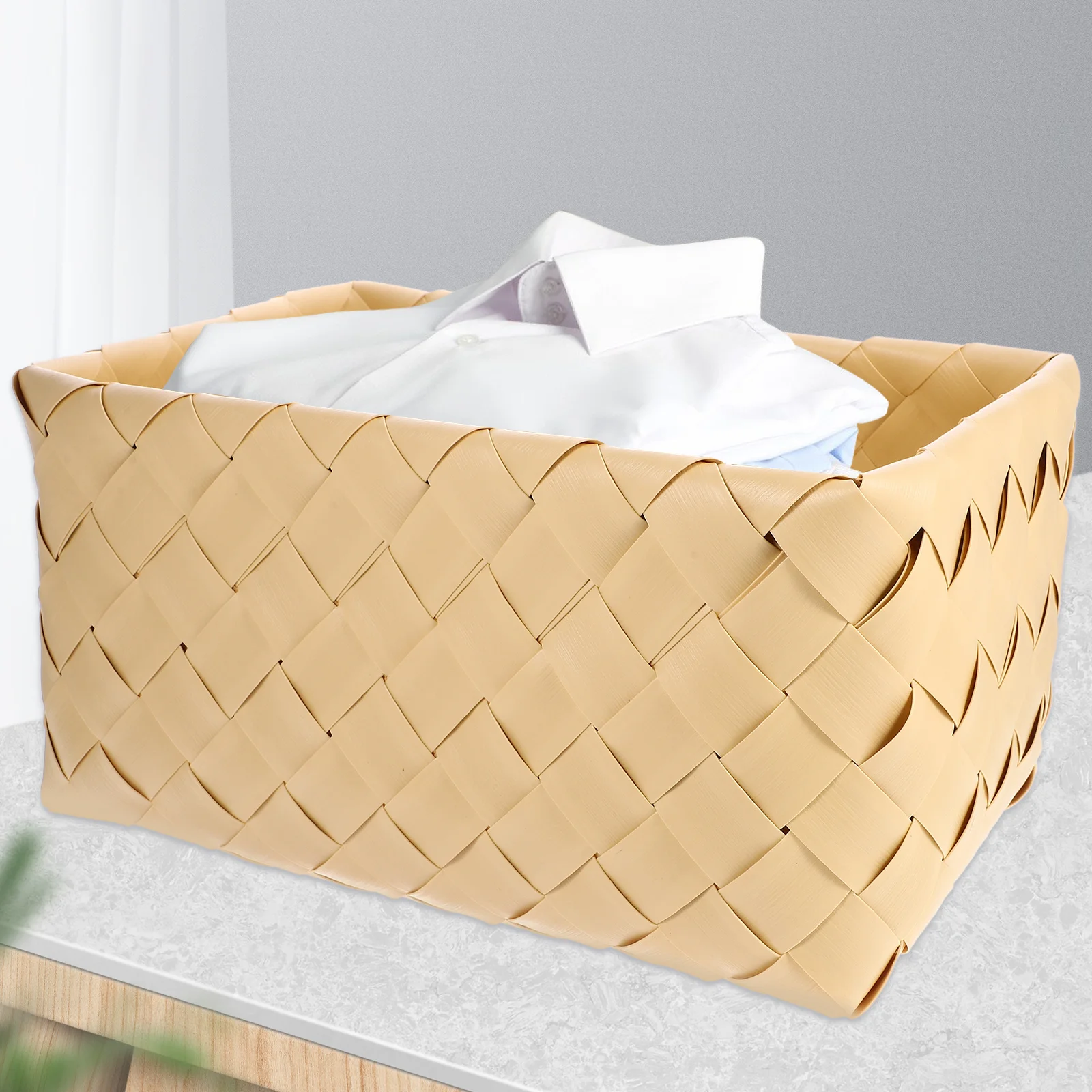 

1pcs Woven Storage Basket Kitchen Desktop Snack Organizer Fruit Bread Holder Home Supplies Plastic Hand Woven Basket