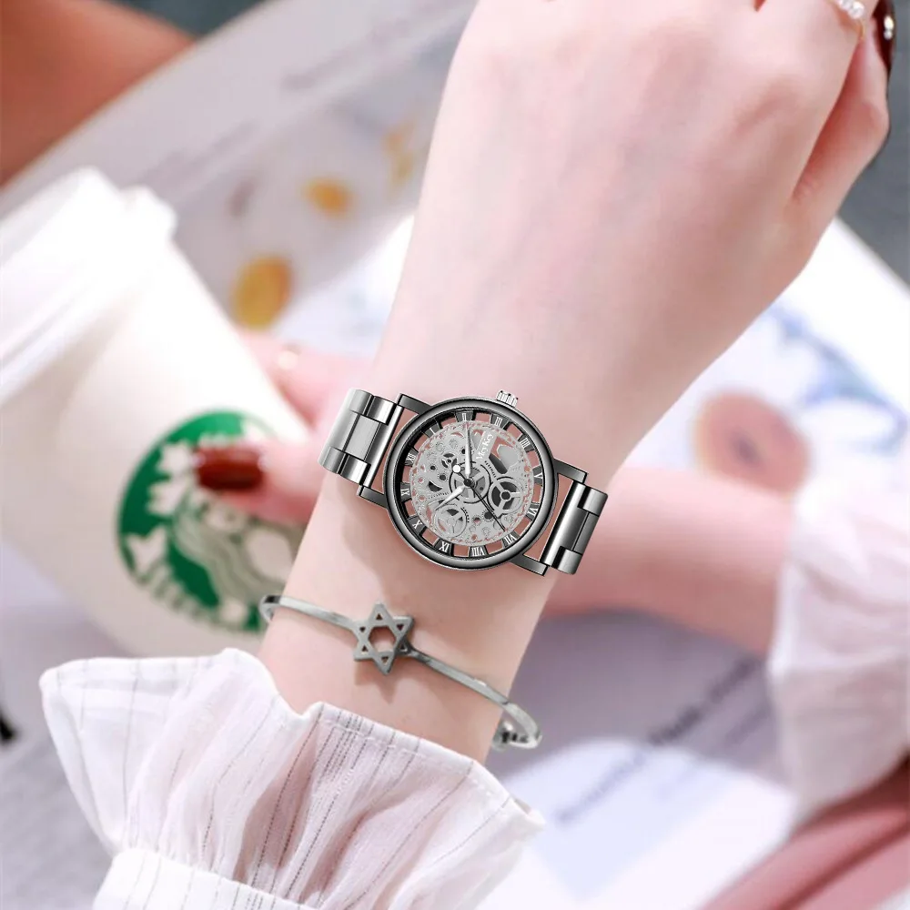 Top New Fashion Women Hollow Skeleton Faux Mechanical Watch Ladies Metal Mesh Quartz Wrist Watches For Female Relogio Feminino