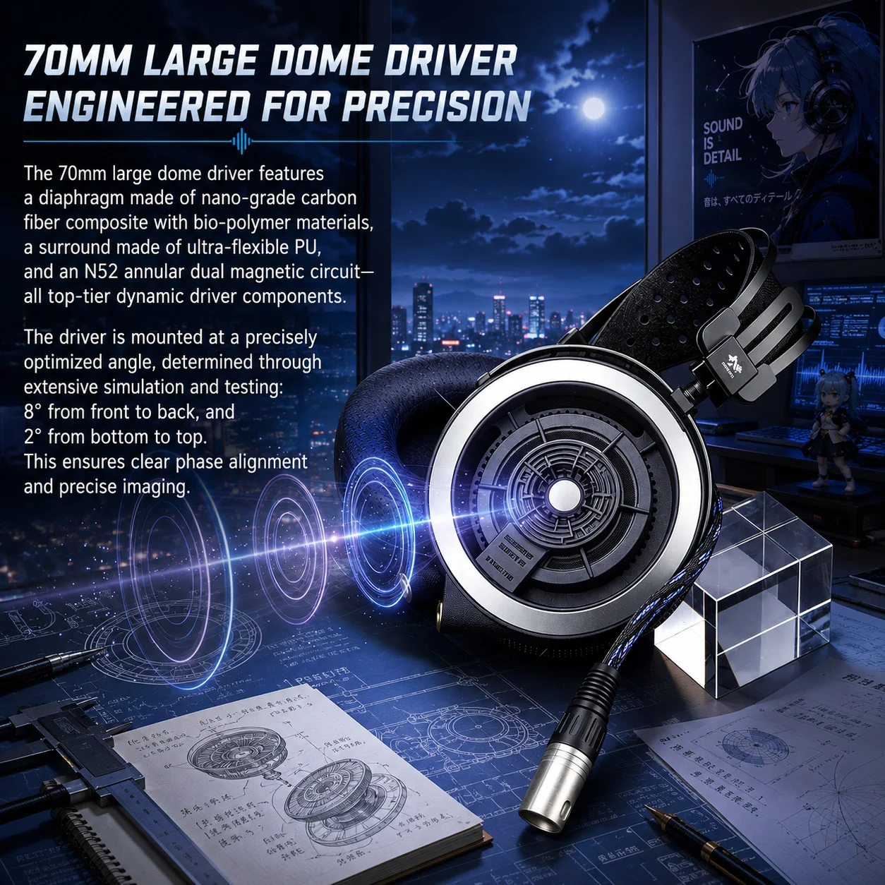 XK-AUDIO CADENCE BAFFLE Open-Baffle Dynamic Hi-Fi Headphones 70mm Bio-Polymer Driver 5Hz-50kHz 95dB/mW Over-Ear Wired Headset