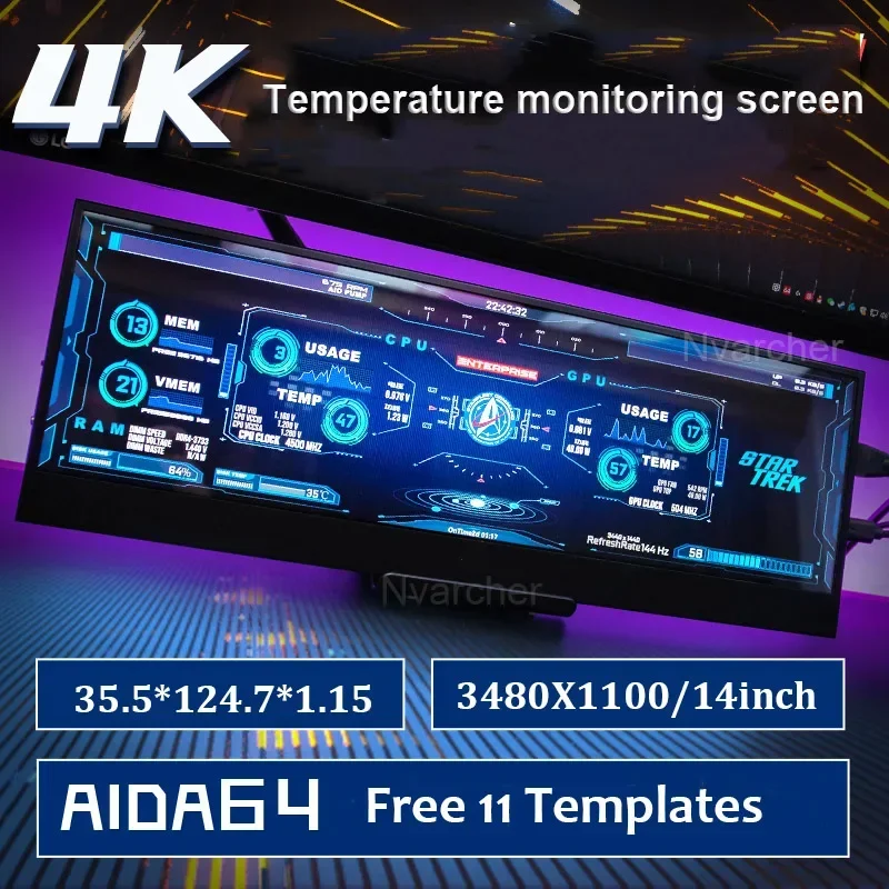 Nvarcher 14 Inch 3840*1100 IPS Screen Temperature Control Dynamic Display Desktop AIDA64 Adjustable Brightness For Computer