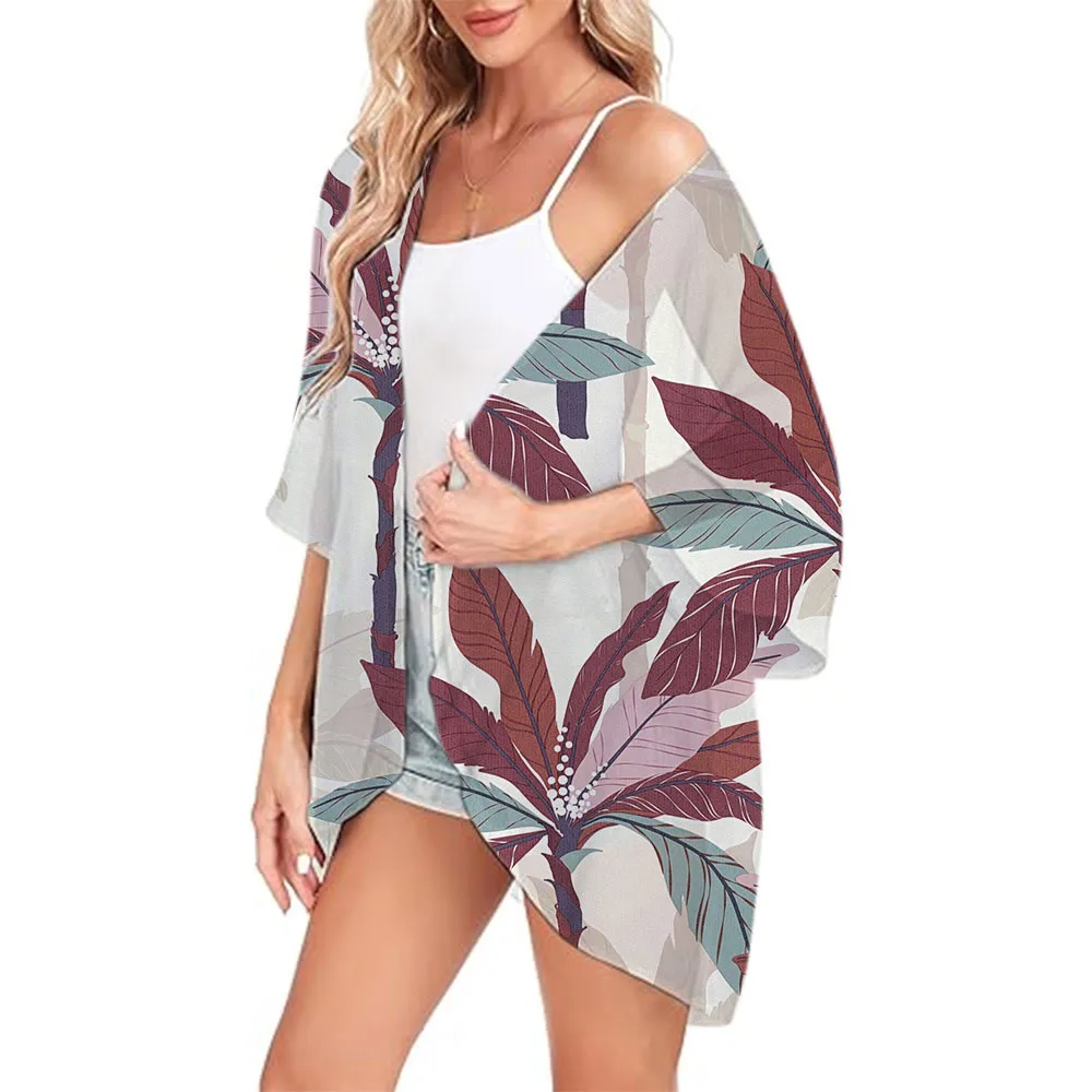 Dames Strandbedekking Kimono Cardigan Shirts Rood Bedrukt Chiffon Tops Shirt Zomer Strand Dunne Losse Sexy Badkleding Capes S-3XL