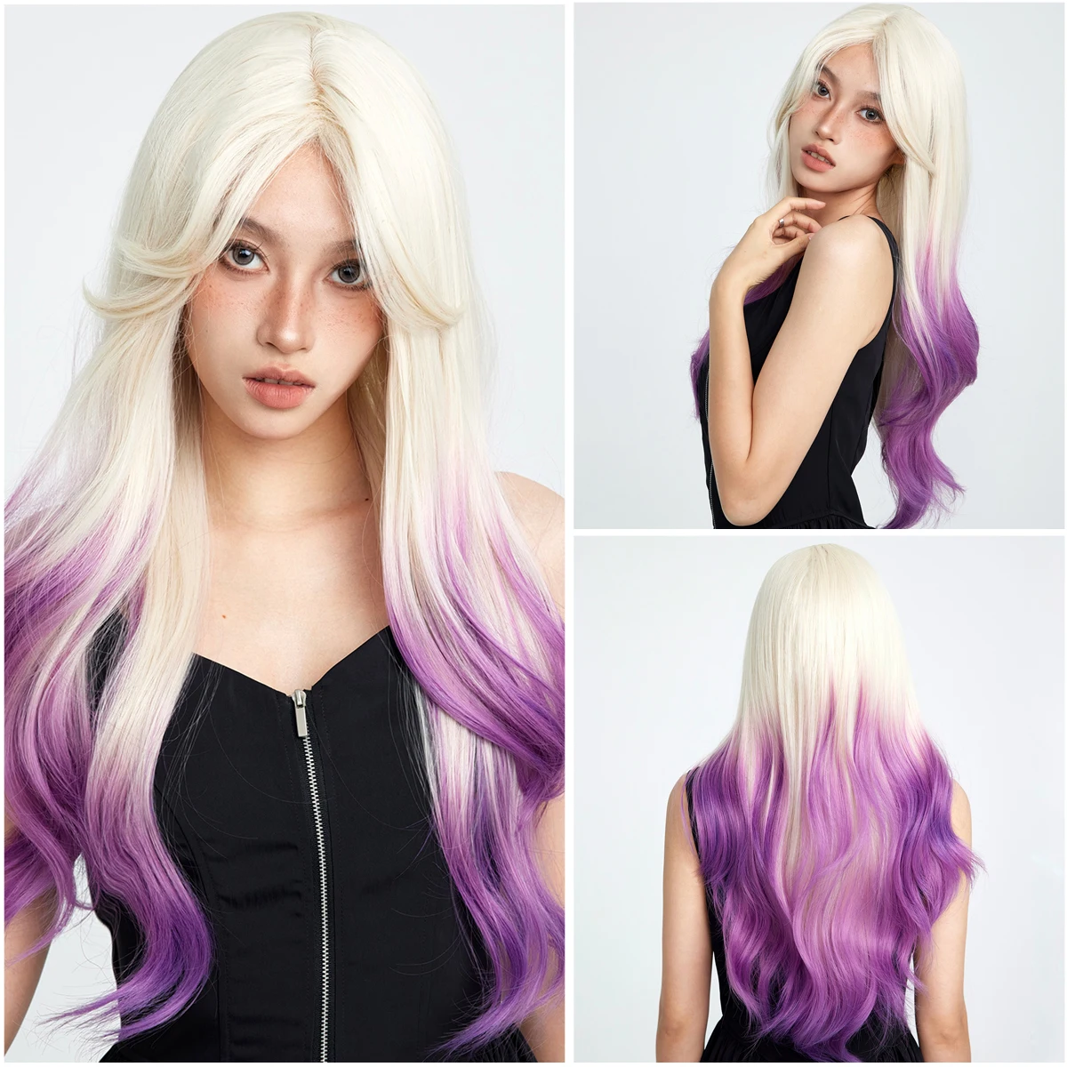 

Smilco Omber Gradient Wihte To Purple Long Straight Synthetic Wigs With Bangs For Women Daily High Temperature Natural Fake Hair