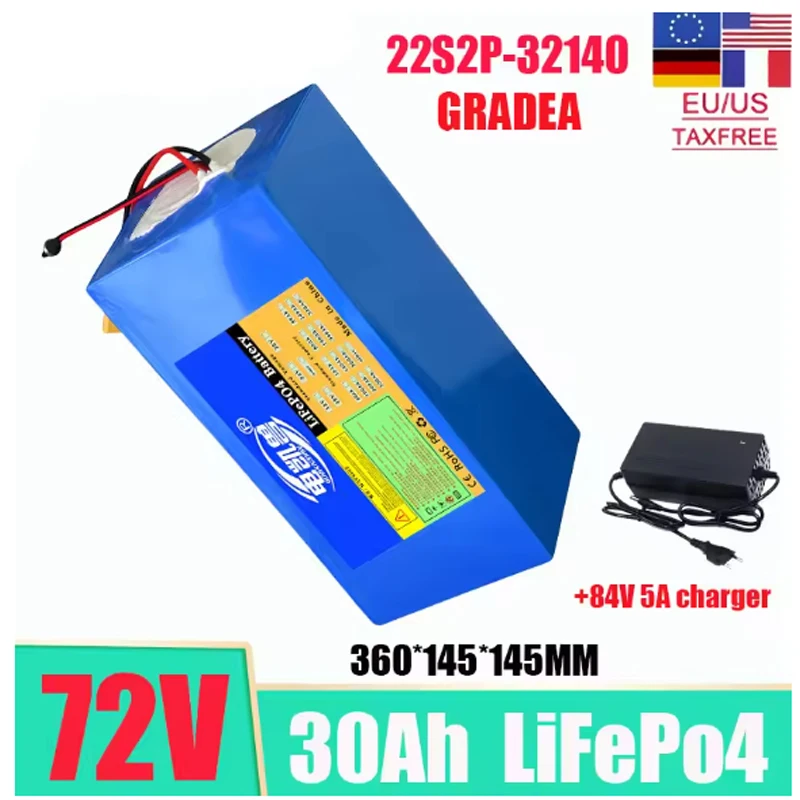 

Новый аккумулятор LiFePo4 72 В, 30 Ач, 32140 22S2P, встроенный двигатель BMS, 3600 Вт, мощное зарядное устройство 84 В + 5 А, аккумуляторная батарея без налога