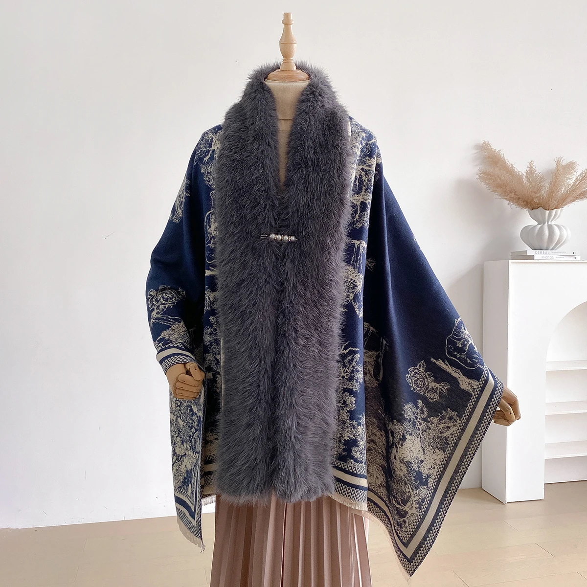 Autumn Winter Fashionable Upscale Imitation Cashmere Women Jacquard Scraves Weave Poncho Lady Capes Shawl Cloaks Faux Fur Scraf view 6