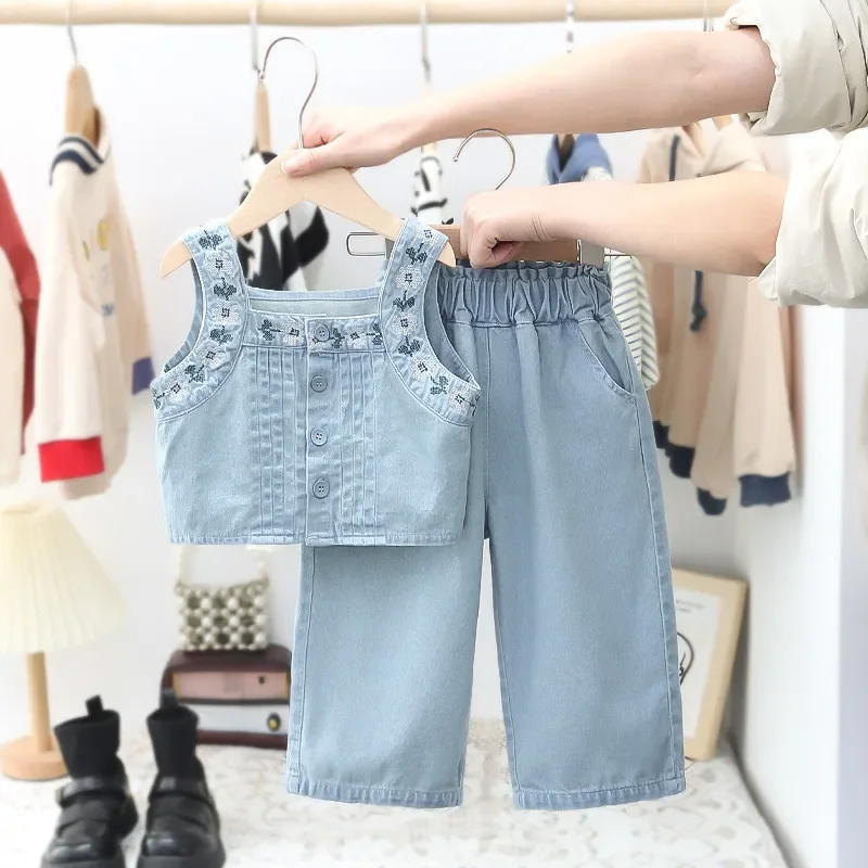 Clothing Kids Girls Summer Korean Fashion Baby Sleeveless Denim Top + Denim Pants Casual 2Pcs Kids Outfit for Girls 1 To 5 Years