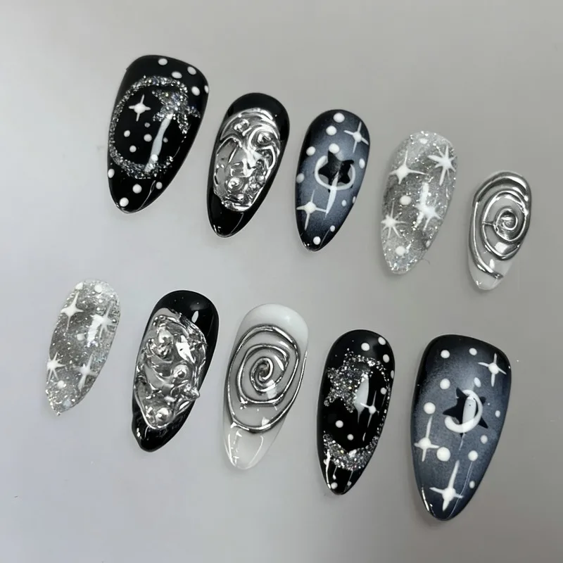 

24PCS Gothic Dark Star False Nails Sweet Cool Metallic Silver Swirl Pattern French Press on Fake Nails Wearable Y2k Almond Nails