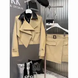 Gagarich Korean Fashion Autumn New Women Clothing Light Luxury High-end Fashion Khaki Windbreaker Jacket Short Skirt Set