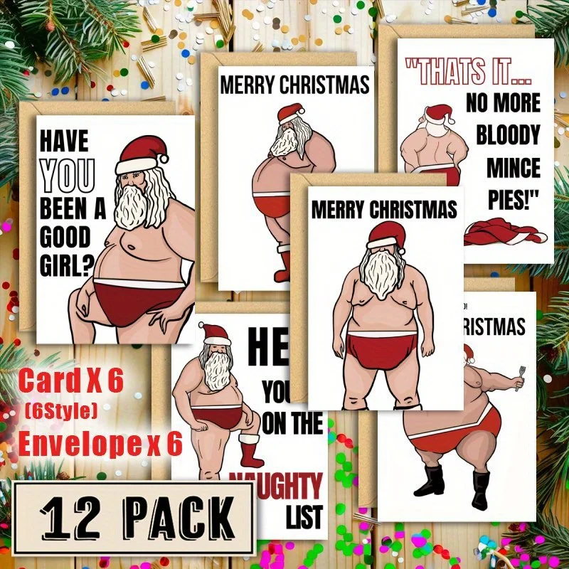 12pcs Funny Santa Claus Christmas Cards with Envelopes - Naughty Santa in Red Swim Trunks, Birthday Boy/Merry Christmas Quotes