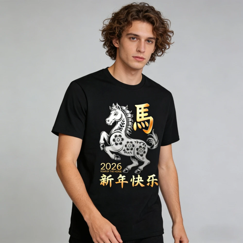 

Рубашка Year of The Horse 2026 Happy Lunar, китайская новогодняя футболка со знаком зодиака, креативный дизайн, мужская футболка унисекс, праздничные топы