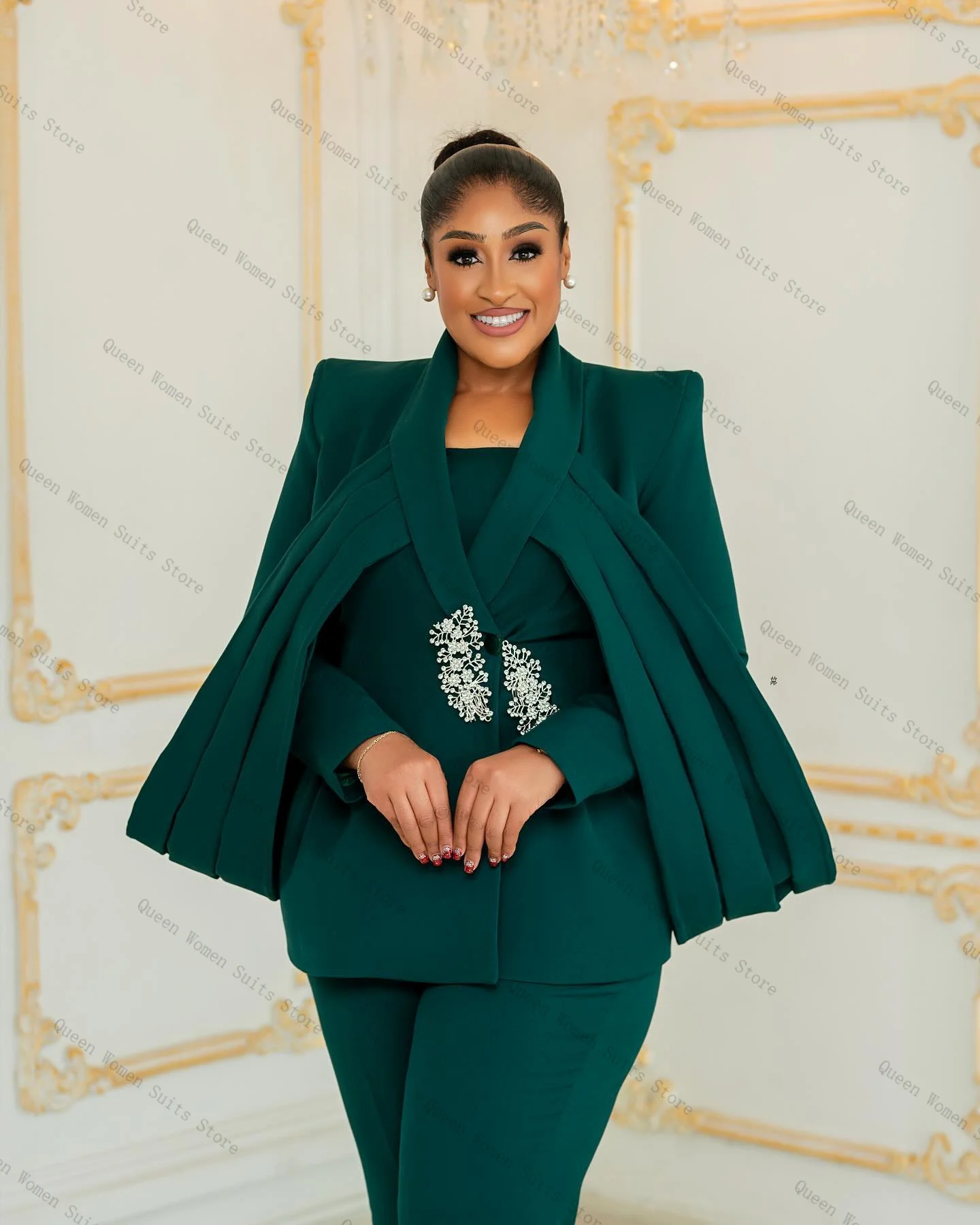 Donkergroene vrouwen pak set 2-delige blazer + broek broek luxe formele kantoor dame jas katoen bruiloft bruid jas aangepast