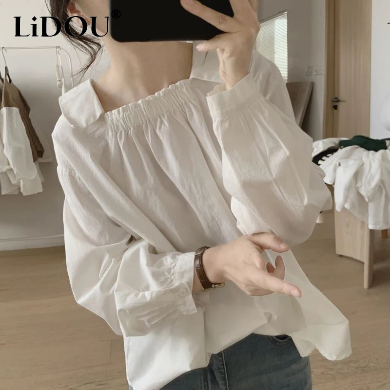 Spring Autumn Square Collar Loose Casual Solid Cotton Shirt Ladies Long Sleeve Elegant Fashion Blouse Women Simple Wild Pullover