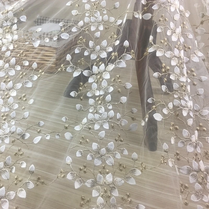 

130cm Wide 3D Gold Floral Embroidered Mesh Fabric Sequins Lace Tulle for Wedding Dress DIY Sewing,Glitter Sheer Textile By Yard