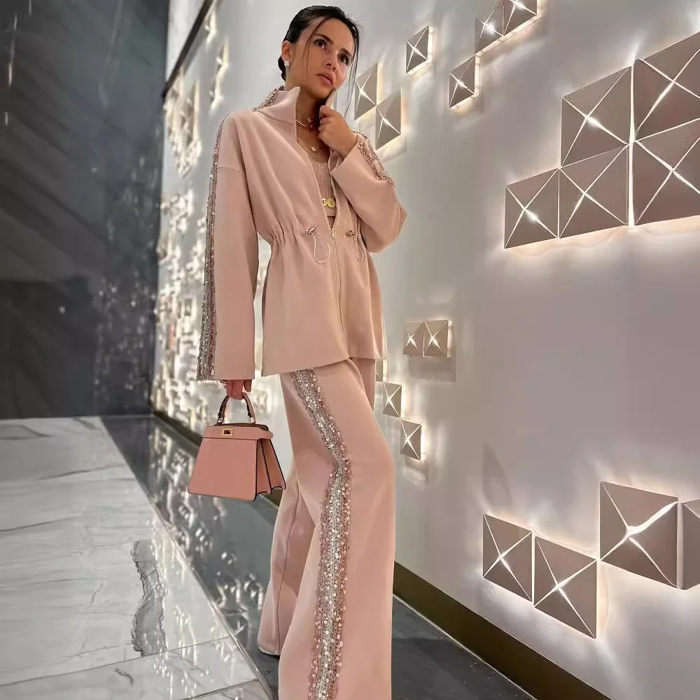 Two Piece Set Women Autumn Winter Fashion Patchwork Sequins Contrasting Long Sleeves Zipper Coat Casual Wide Leg Pants Outfi