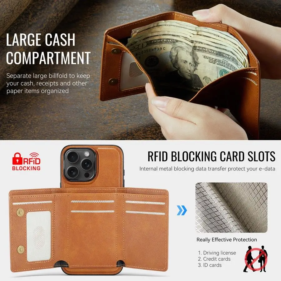 Magsafe Detachable Leather Wallet Phone Stand Case Wireless Charge Cover for iPhone 7 8 SE 16E 11 12 13 14 Plus 15 16 17 Pro Max