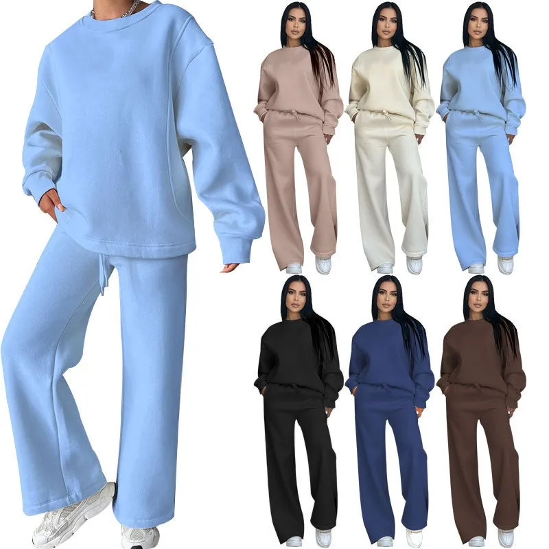 European and American Fashion Casual Set Autumn/Winter Solid Color Round Neck Long Sleeve Loose Women's Clothing