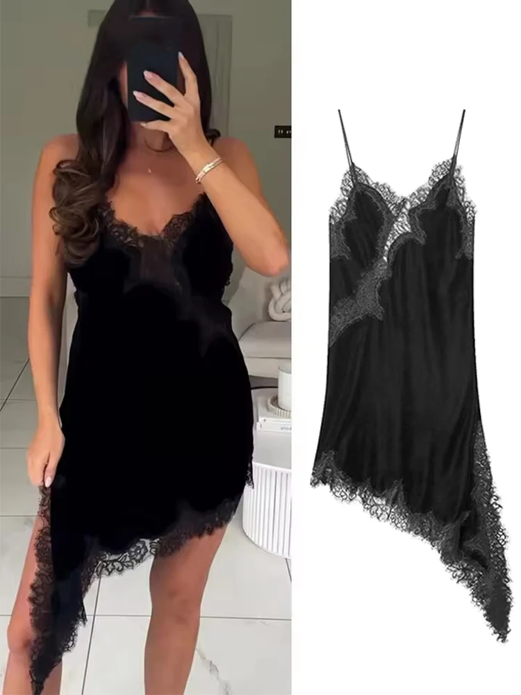 خمر الأسود المخملية الدانتيل المرقعة المرأة فستان مثير أكمام عارية الذراعين الإناث فساتين السهرة الصيف الخريف فساتين الحفلات #1