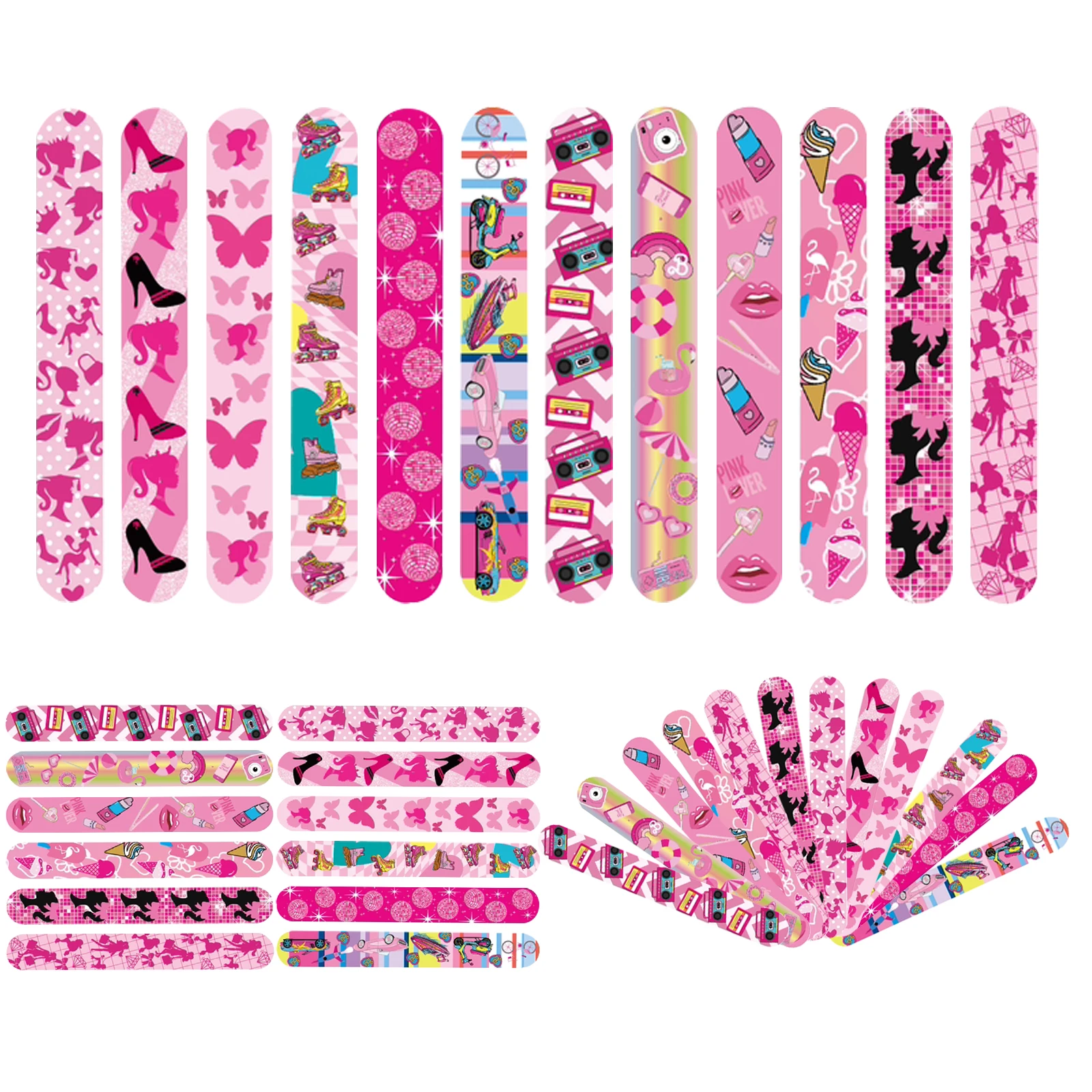 12/24pcs Barbie Black Pink Princess Slap Bracelets Colorful Bulk Wristbands For Girls Birthday Party Supplies Baby Shower