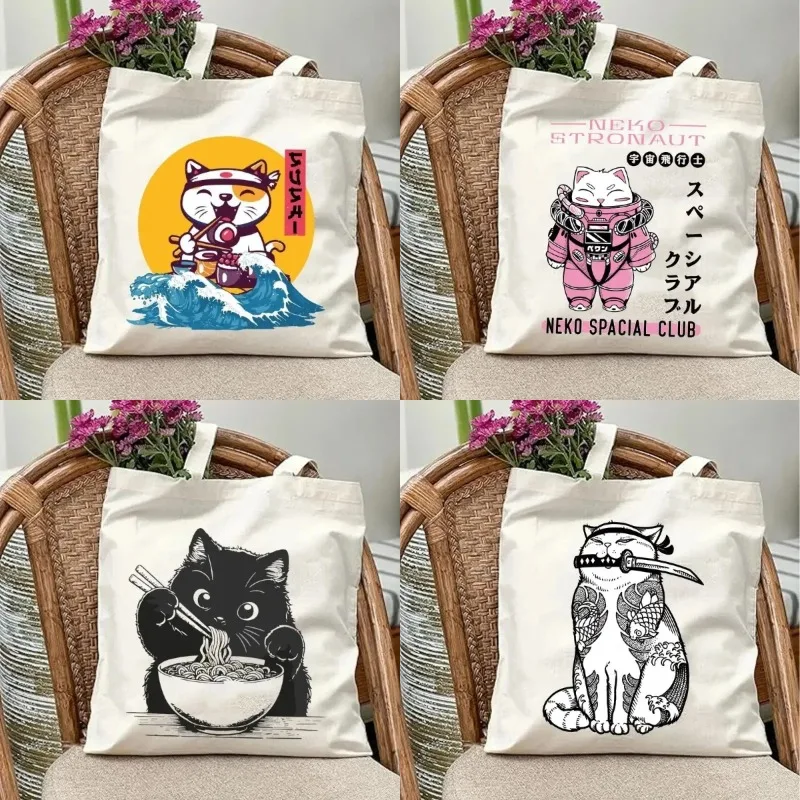 Cute Cat Shoulder Bag Japanese-Style Maneki Neko Canvas Tote Bag Perfect for Picnics Parties Travel Student Canvas Tote Bag