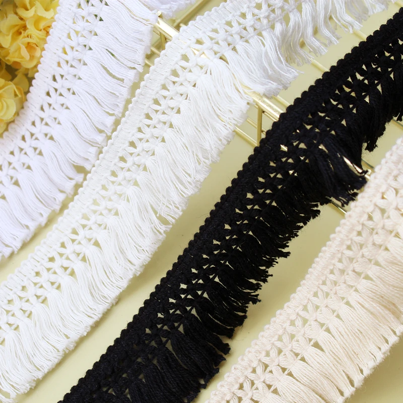 5Yards Cotton Beige White Black Tassel Lace Fringe Fabric Trims For DIY Sewing Craft 4CM Wide