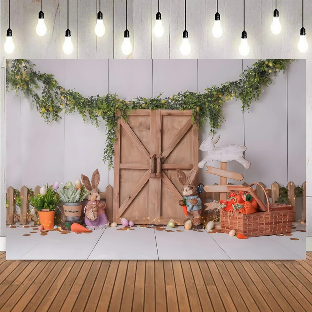 Easter Floral Wreath Wooden Door Fence Photo Backdrop Bunny Carrot Brick Wall Party Portrait Home Decor Photo Background Props