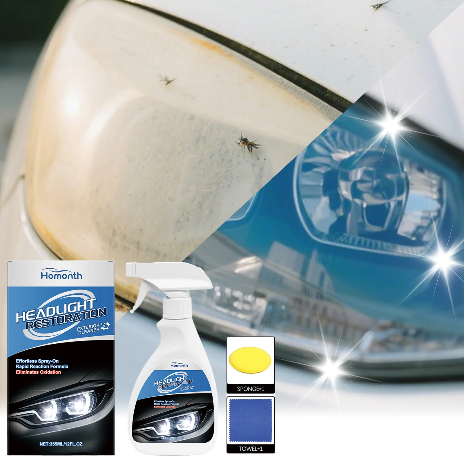 

3 in 1 Car Headlight Care Kit 355ml Complete Set with Spray Sponge Towel Removes Oxidation Restores Shine Safe Driving Autocare