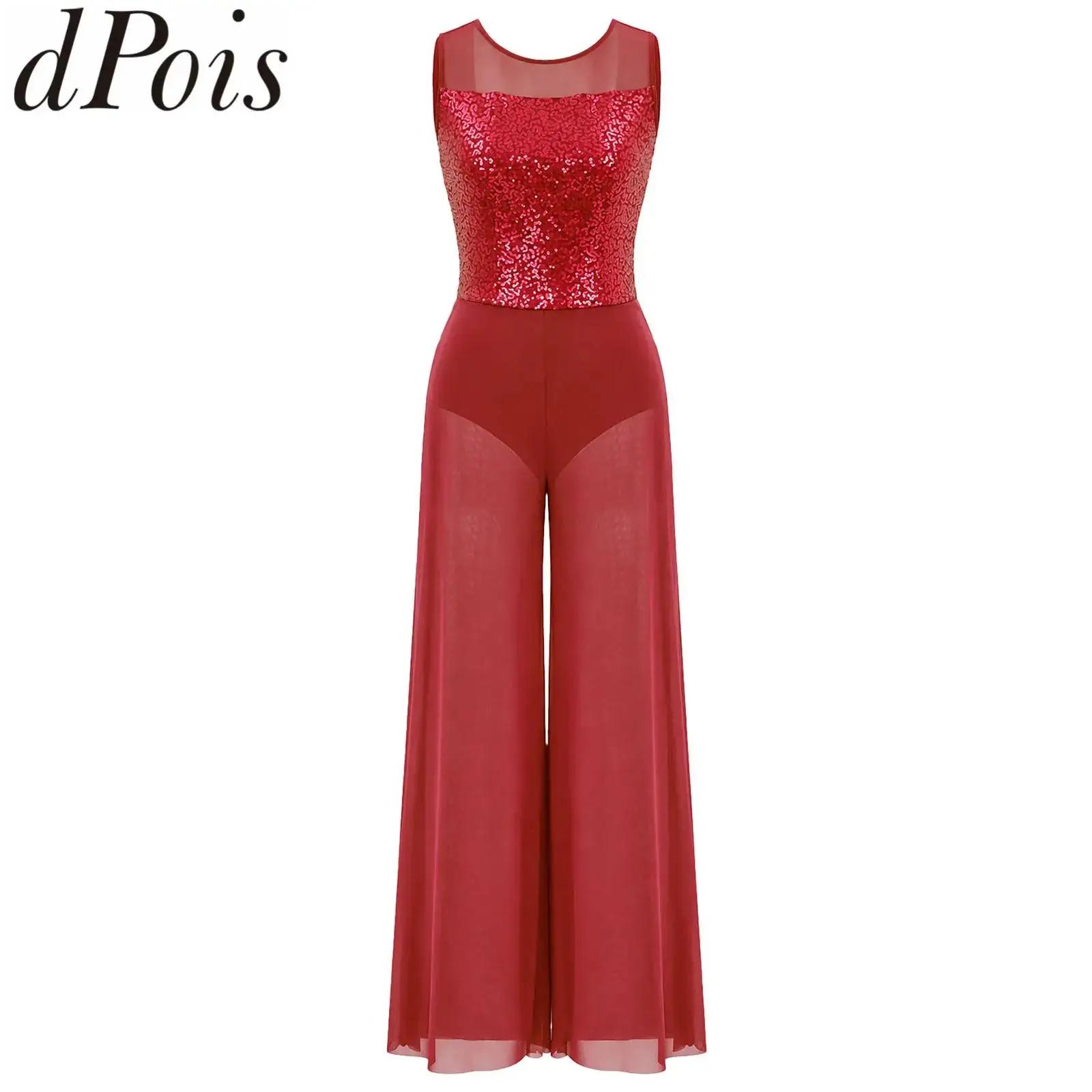 Women Sequin Bodice Mesh Wide-leg Bodysuit for Ballet Lyrical Dance Jumpsuit Sleeveless Rompers Modern Contemporary Dance Dress