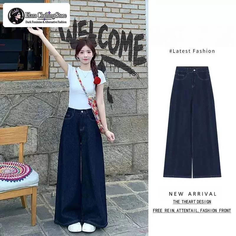 Womens Dark Blue High Waist Wide Leg Jeans Loose Casual Straight Denim Pants Floor Length Draped Fit Minimalist Commuter Style