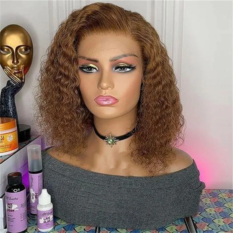 

Средне-коричневый короткий парик шнурка Вьющиеся парики Боб Парик фронта шнурка 13x4 Парик шнурка Глубокая волна Парик Волна воды Синтетический парик фронтальной части шнурка