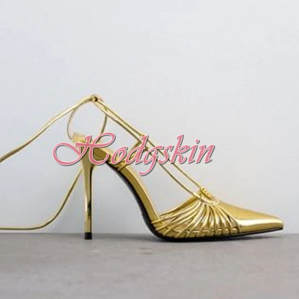 Gold Cross Tied Solid Sandals Pointy Toe Hollow Lace-up Straps Sandals Women Sexy Shoes Summer Party Big Size Stiletto Heels New